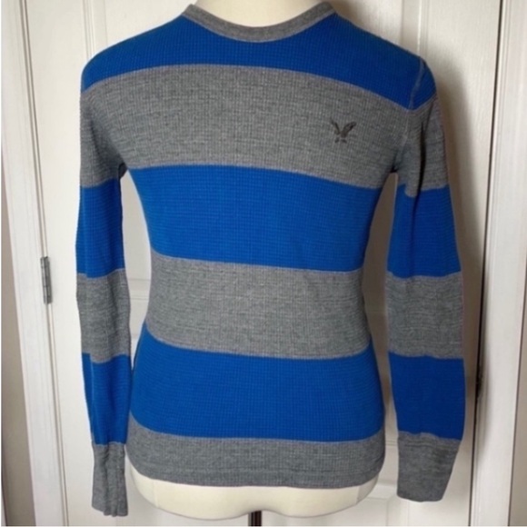 American Eagle Shirt Thermal Striped Sweater Gray Blue Long Sleeve Stripes Knit - Picture 4 of 16